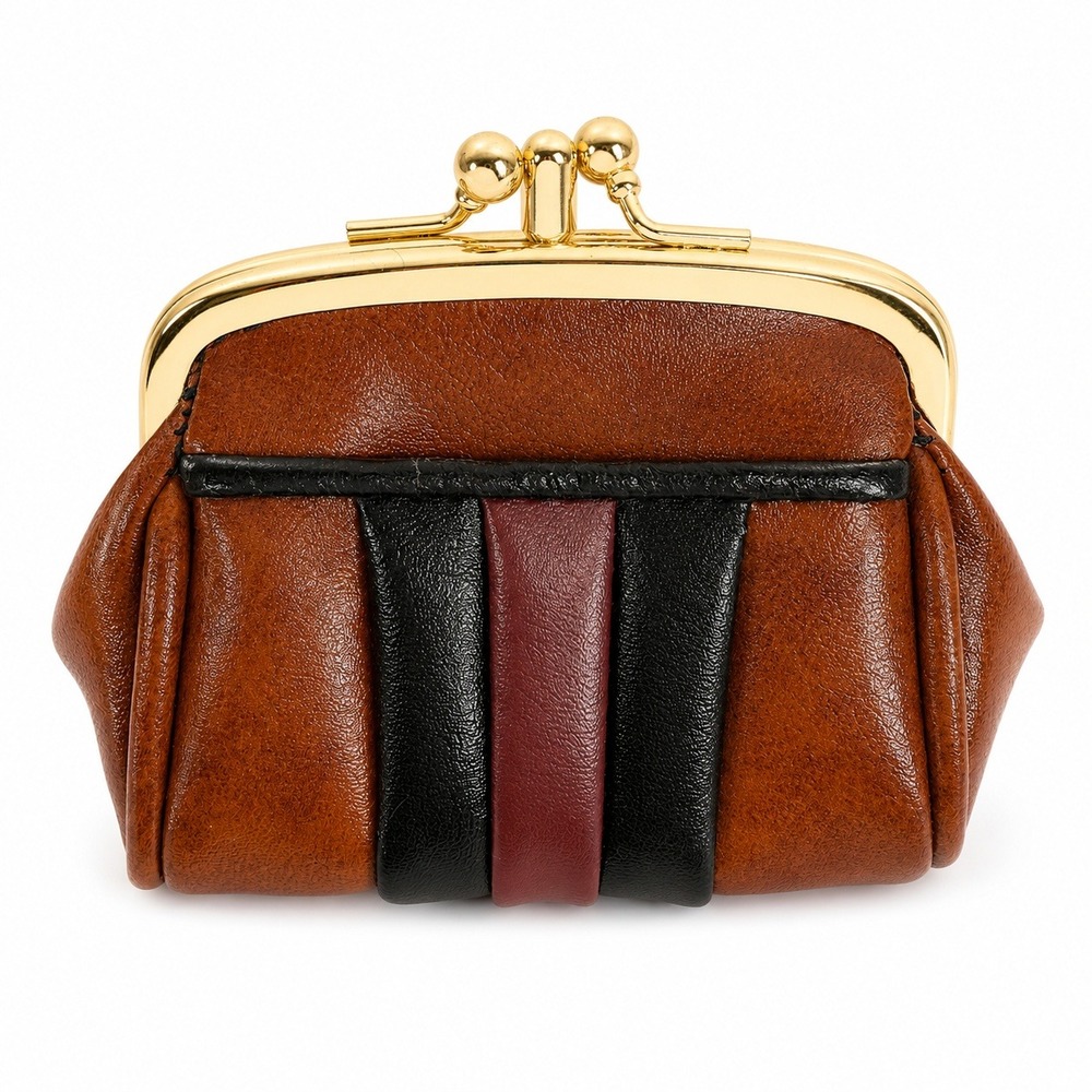 Vintage 70s Coin Purse Kiss Lock Coin Purse Pouch Striped Faux Leather Retro‎